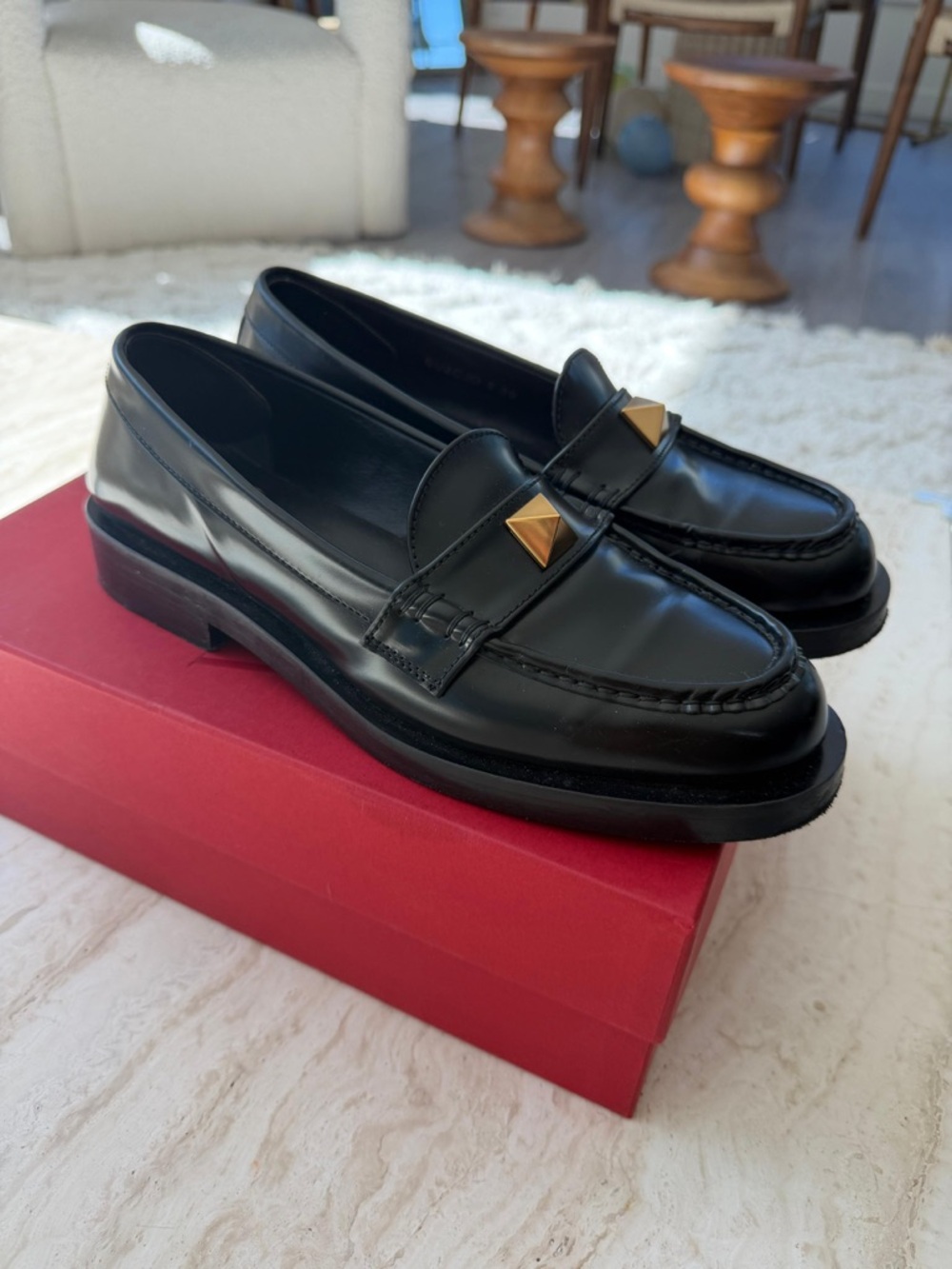 Black Leather Women’s Loafers with Gold Stud Detail